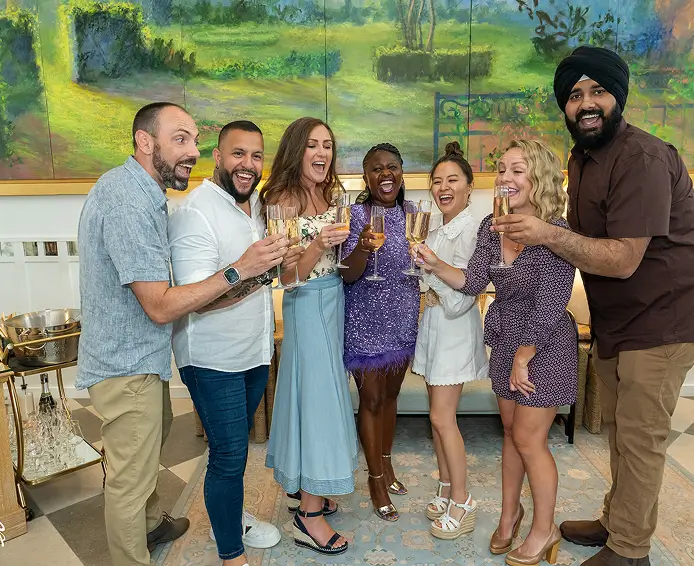 Is It Cake cast at Loutrel hotel in Charleston cheersing